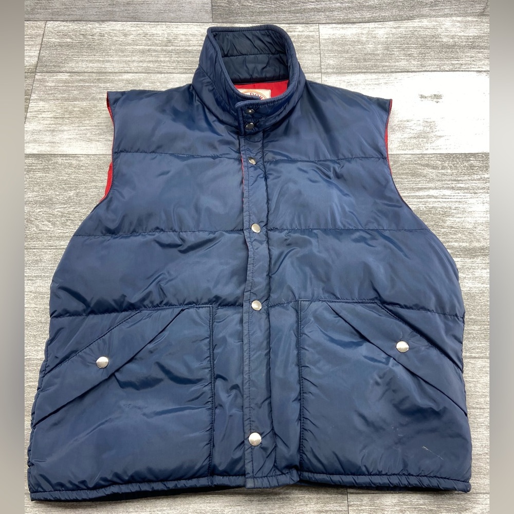 VTG Sun Down Nylon Puffer Duck Down Vest Adult Large Blue Red USA Made Preowned